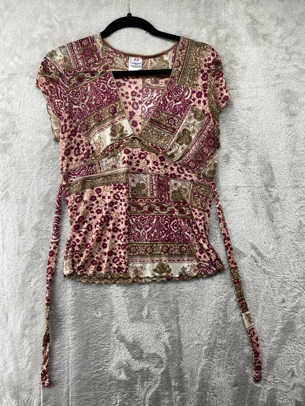 Anchor Blue Patchwork Floral Wrap Top Y2K Boho Fairycore Mesh Stretch XL